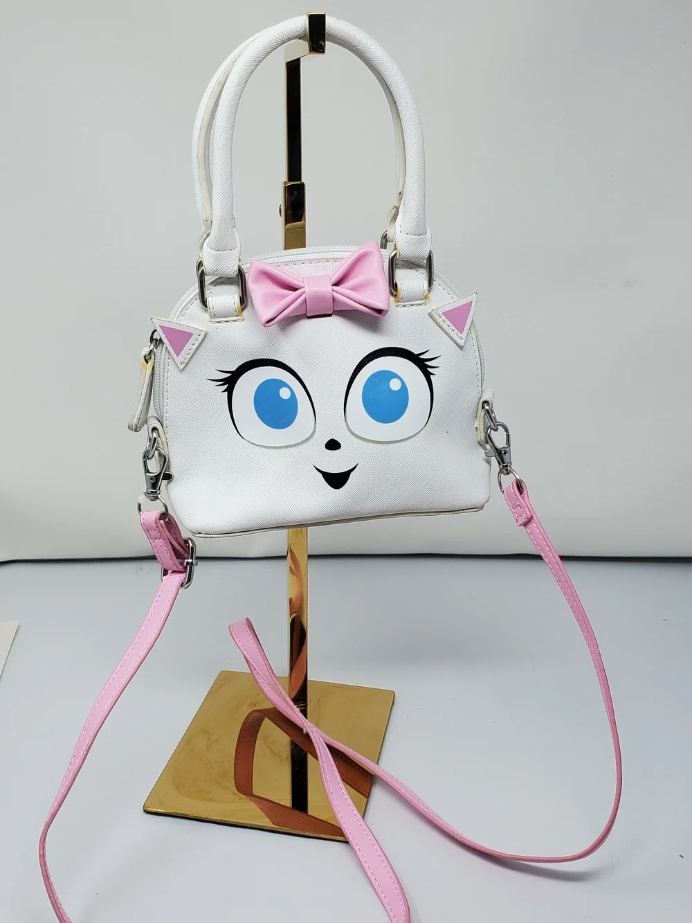 White Cat Face Crossbody Bag with Pink Bow